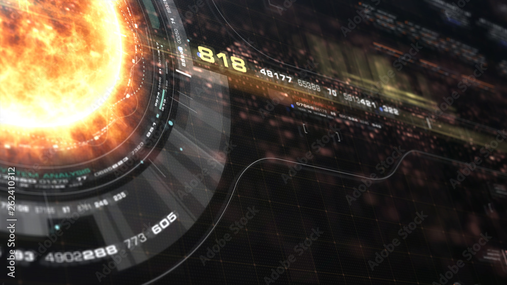 Poster Futuristic motion graphic user interface head up display screen with Holographic Sun Corona Particles and digital data telemetry information display for digital background