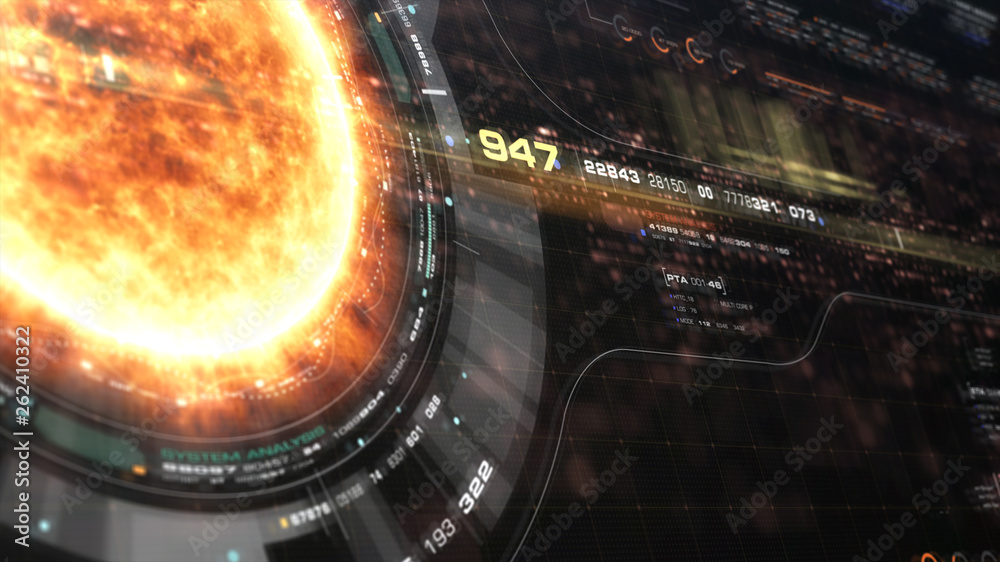 Poster Futuristic motion graphic user interface head up display screen with Holographic Sun Corona Particles and digital data telemetry information display for digital background