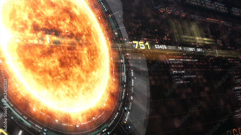 Poster Futuristic motion graphic user interface head up display screen with Holographic Sun Corona Particles and digital data telemetry information display for digital background