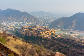 Fototapeta premium View of Amber fort and palace in Maotha Lake from Jaigarh Fort. Rajasthan. India