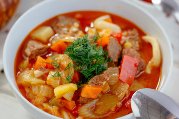 Lagman or Laghman soup - made with pasta, meat and vegetables.