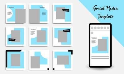 Editable square abstract geometric banner template for social media post. Blue, black and white frame color. Minimal design background vector illustration
