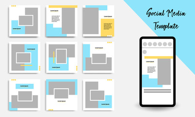 Editable square abstract geometric banner template for social media post. Blue, yellow and white frame color. Minimal design background vector illustration