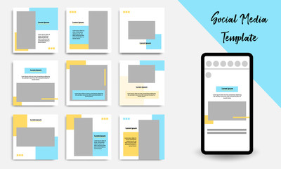Editable square abstract geometric banner template for social media post. Blue, yellow and white frame color. Minimal design background vector illustration
