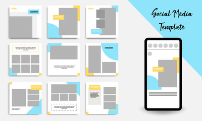Editable square abstract geometric banner template for social media post. Blue, yellow and white frame color. Minimal design background vector illustration