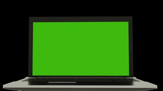 Laptop notebook spinning over black background. Camera zooms to Laptop (notebook) screen. Green screen (Chroma key). Alpha Channel 4K 3D rendering.