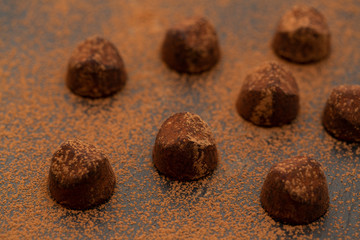 Truffle chocolate candies on cocoa powder. Gourmet food, delicious dessert.
