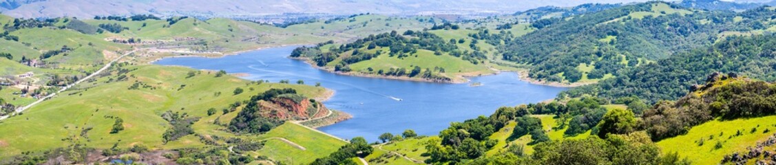 Fototapeta na wymiar Aerial view of Calero reservoir, Calero county park, Santa Clara county, south San Francisco bay area, San Jose, California