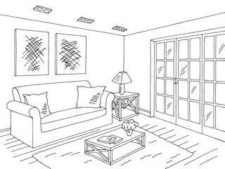 Living room graphic black white home interior sketch illustration vector