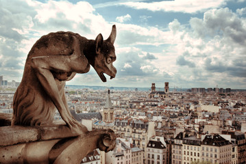 Notre Dame Demon Gargoyle and view of Paris