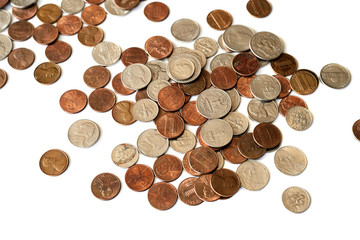 A pile of american cents scattered isolated on white