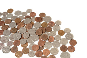 A pile of american cents scattered isolated on white