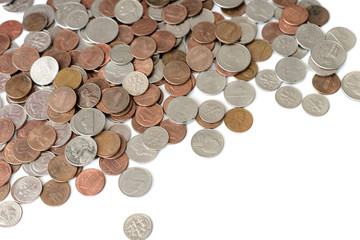 A pile of american cents scattered isolated on white