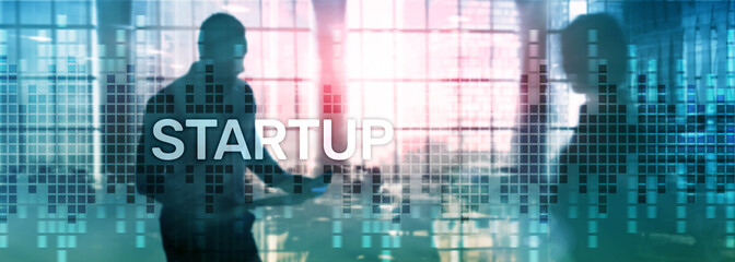 Startup concept with double exposure diagrams blurred background.