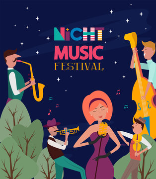 Night music festival poster with musicians and musical instruments