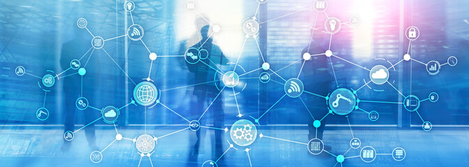 Technology industrial business process workflow organisation structure on virtual screen. IOT smart industry concept mixed media diagram.
