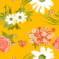Fototapeta na wymiar Floral seamless pattern with beautiful pink roses and white flowers.Tropical design. Exotic flowers. Pattern for summer fashion prints. Blooming jungle. Yellow background. Vector illustration.
