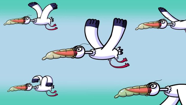 Birth control storks. Contraception idea. Flying cartoon storks with condoms. Seamless loop.