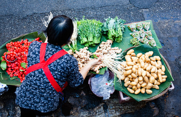 top view of woman selling fresh fruit and vegatables - Thailan