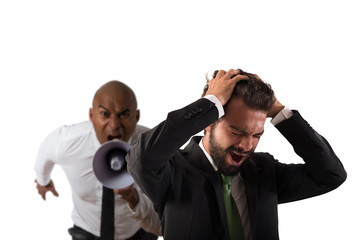 Boss scolds with megaphone a desperate employee with a verbal aggression
