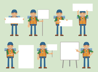 Set of traveler characters posing with different blank banners. Cheerful hiker with paper, poster, placard, pointing to whiteboard, teach, advertise, promote. Flat style vector illustration
