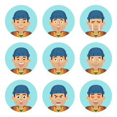 Set of traveler emoticons. Man avatars showing different emotions. Happy, smile, sad, cry, angry, love, surprised, upset, laugh and other facial expressions. Flat style vector illustration