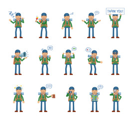 Big set of mountaineer characters showing different actions, gestures, emotions. Cheerful traveler singing, sleeping, holding loudspeaker, banner and doing other actions. Simple vector illustration
