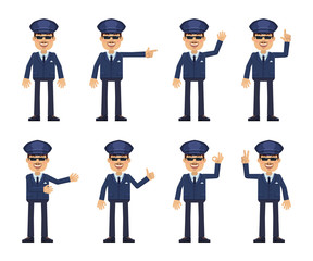 Set of chauffeur characters showing different hand gestures. Cheerful driver showing thumb up gesture, this way, greeting, waving, pointing up, victory sign. Flat style vector illustration