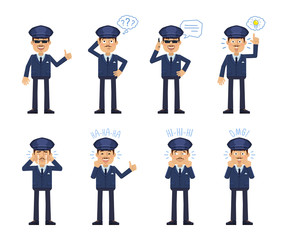 Set of chauffeur characters posing in different situations. Cheerful driver talking on the phone, thinking, pointing up, surprised, laughing, crying, smiling. Flat style vector illustration