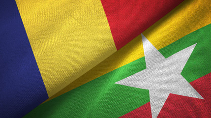 Romania and Myanmar two flags textile cloth, fabric texture