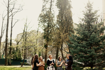 group of luxury elegant woman celebrating with champagne in park, luxury happy life concept