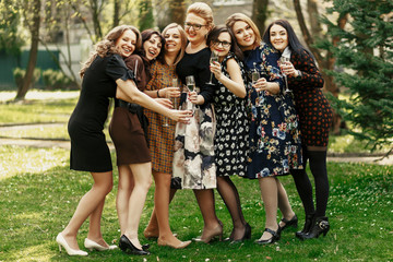 Fototapeta premium group of luxury elegant women celebrating and toasting with champagne, cheerful moment happiness