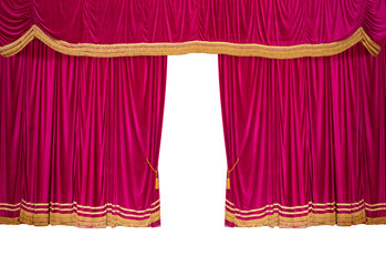The red curtains are opening for the theater show. Isolated on white background