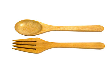 wooden spoon and fork isolated on white background