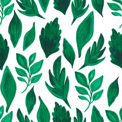 seamless pattern green leaves branch on white isolated background. Hand painted withwatercolor Botanical floral set