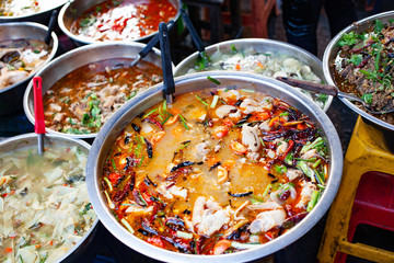 delicious fresh street food in Thailand - top view - Thai Curry, Tamarind, Tom Yam, Shrimp, Pork, Pad Thai