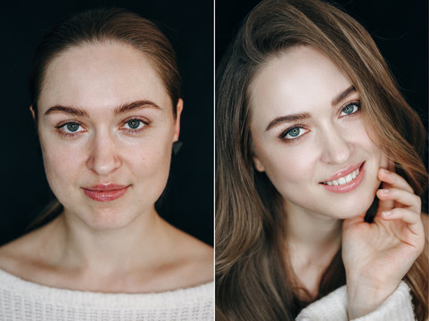 Young Girl Before After Makeup Compare Portrait. Woman with Long Light Hair and Blue Eye Posing Face on Black Background. Lady with Glossy Lips. Transformation Before After Head and Shoulders Shoot