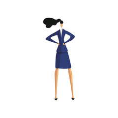 Business woman is standing and holding hands on the belt. Vector illustration.