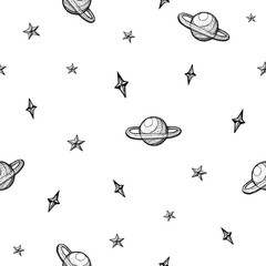 Seamless graphic cosmos with stars. Hand-drawn clipart for art work and weddind design.