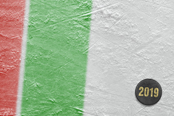 Fragment of the ice hockey arena, puck, red and green lines