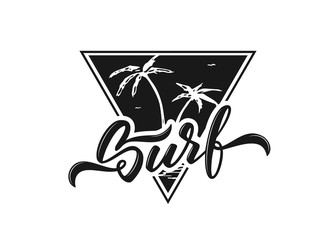 Retro print with handwritten lettering of Surf and palm tree silhouette on white background. T shirt design