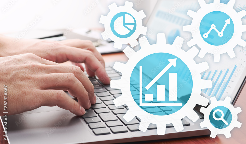 Poster business analytics concept. businessman analyzing data.laptop and many graphs.