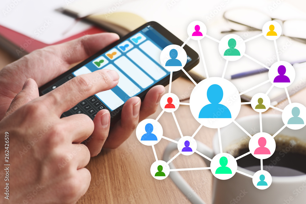 Poster concept image of online people network. communication in social media. closeup of male hands touchin