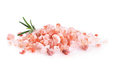 Himalayan pink salt and rosemary isolated on white background.