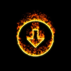 The symbol arrow circle down burns in red fire