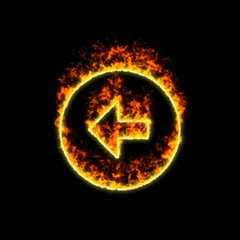 The symbol arrow circle left burns in red fire