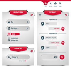 messaging app template design containing search box, contact form, chat text message interface, icons, buttons, avatars, ribbons, user interface and web elements, eps10 vector illustration