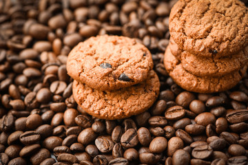 Chocolate cookies coffee beans roasted background