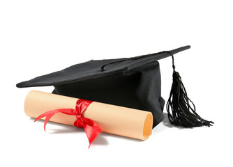 Mortar board and diploma on white background. Concept of high school graduation