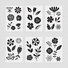 Collection of decorative flowers. Set of flat stylized flowers. Black silhouettу flowers, leaves and branches. Vector isolated illustration. For greeting cards, wrapping paper, textile, wallpapers